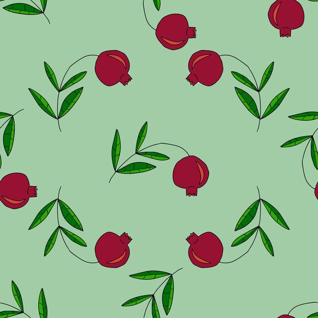 Vector doodle pomegranate on branch with leaves random seamless pattern. fruit background.