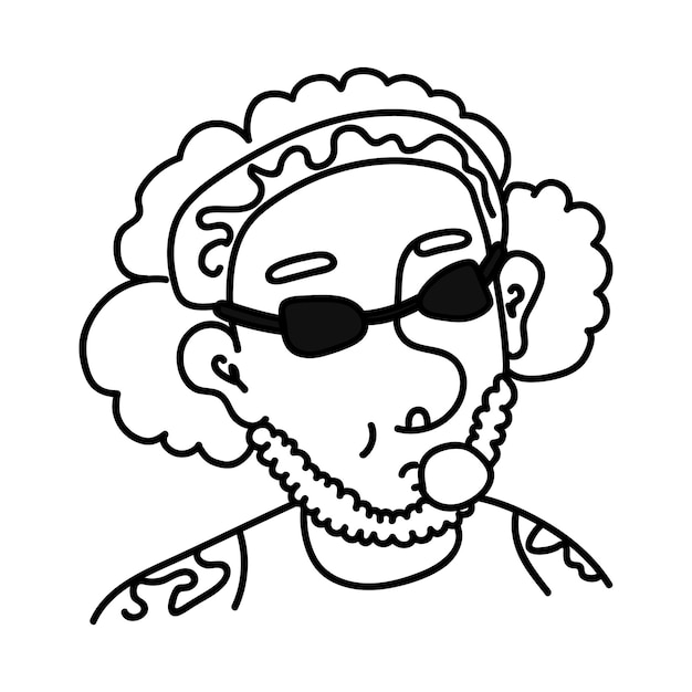 Vector doodle portret van man in zonnebril kauwgom. persoon met krullend haar, bandana, baard en tatoeages