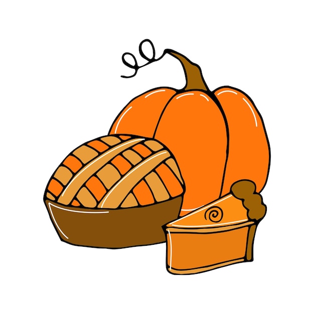 doodle pumpkin pie with cut piece and pumpkin