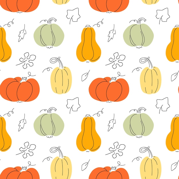 Doodle pumpkins con foglie motivo senza giunture colori autunnali stampa moderna design illustrazione vettoriale