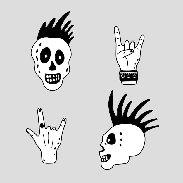 Doodle punk rock schedel en gebaar hand in doodle stijl Gestileerd grappig skelet karakter