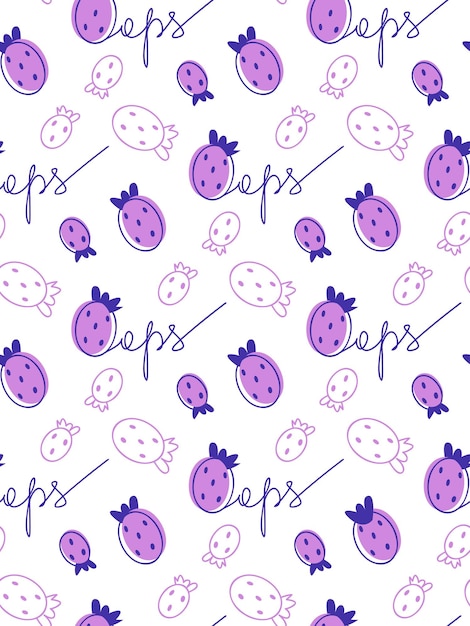 Doodle purple seamless pattern with strawberry spots and outline oops lettering