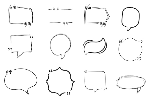 Каркас рамки для цитат Doodle Речевые пузыри Цитаты запятые сообщение в стиле рисованной каракули Вектор