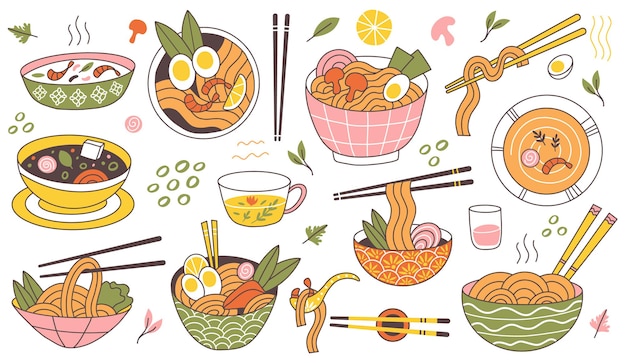낙서 라면 국수 전통적인 아시아 음식 그릇. 일본 요리 국수, 고기 국물 벡터 삽화의 맛있는 국수. 새우와 버섯을 곁들인 동양 음식 라면 그릇