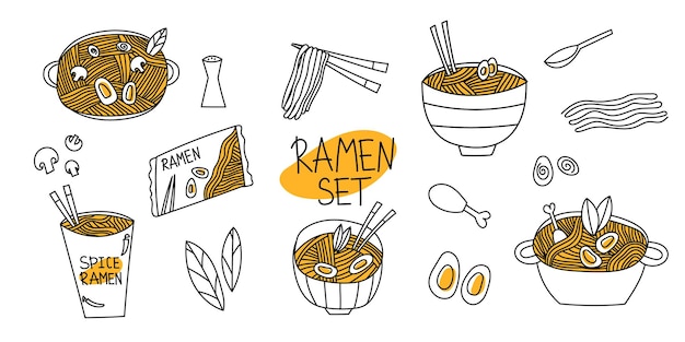 Doodle Ramen Various noodles and ingredients for cooking Asian ramen Collection of various bowls with noodles vector illustration