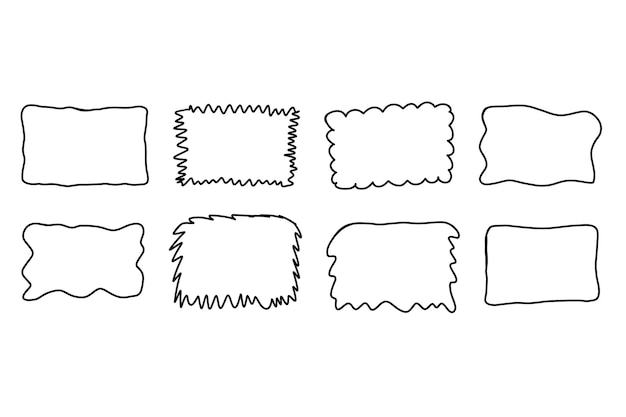 Vettore set di cornici doodle rectangle disegnate a mano con curve ondulate, cornici di texture deformate, schizzi di confine, vettori
