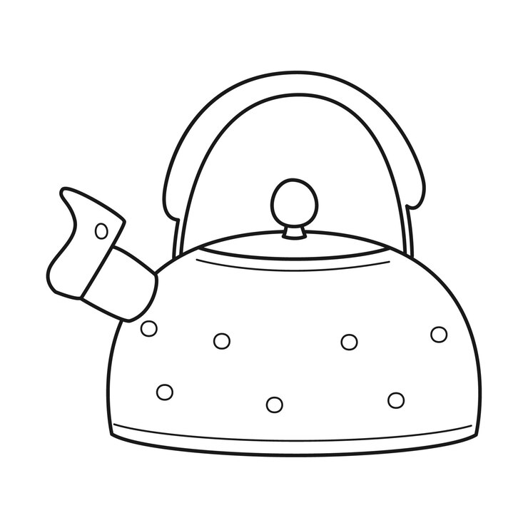 Doodle Красный чайник в горошек с крышкой и свистком Кухонное оборудование посуда для кемпинга пикник приготовление пищи на газу или огне Наброски черно-белые векторные иллюстрации, изолированные на белом фоне