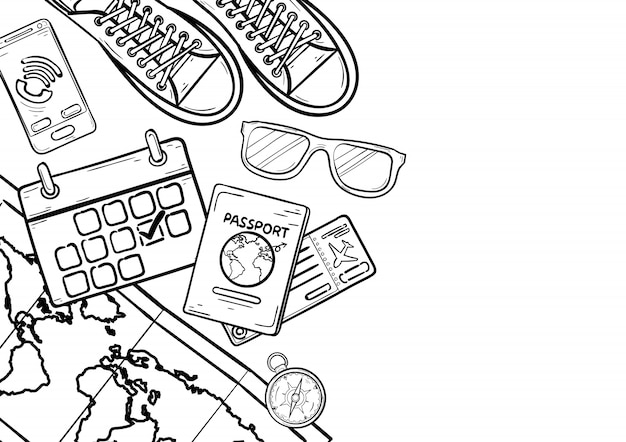 Doodle reiselementen en accessoires. vliegtuig rond de wereld concept zomer