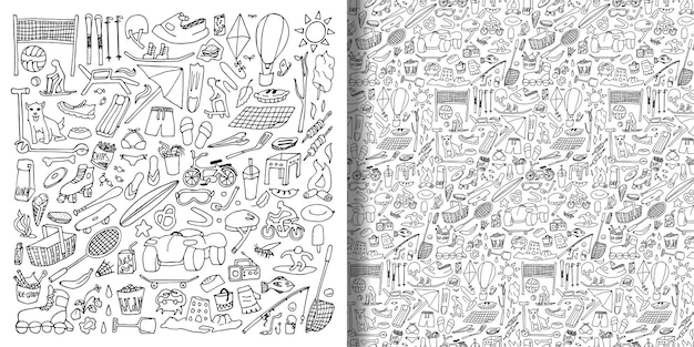 Doodle rest at nature set and seamless pattern