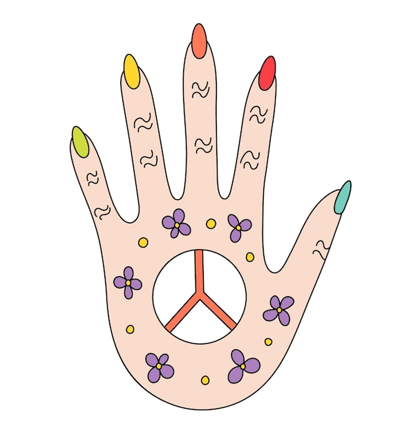 Doodle retro hippie hand with colorful nails flowers and peace sign