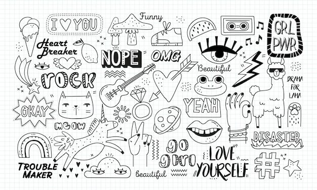 doodle retro stickers set