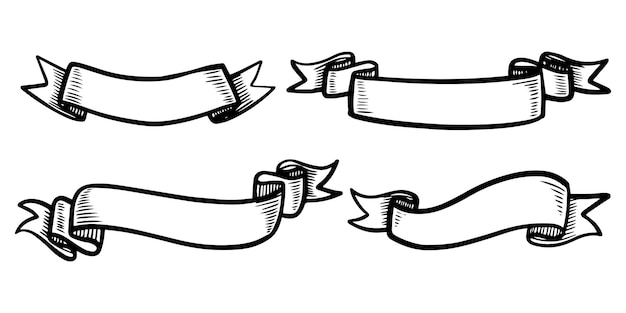 Scarabocchio delle illustrazioni della bandiera del nastro isolate su un fondo bianco. illustrazione vettoriale disegnato a mano.