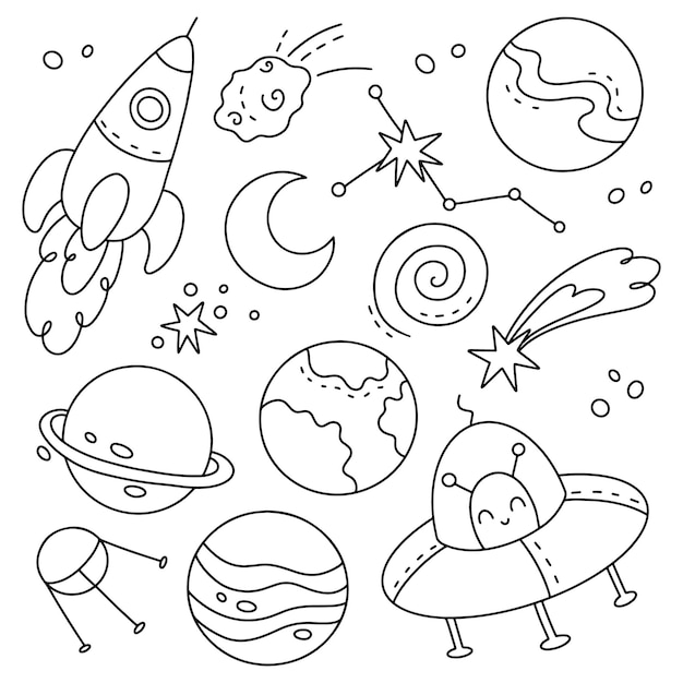 Doodle ruimteverzameling planeten ufo raketsterren