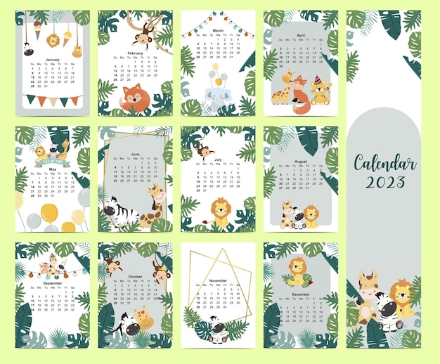 Calendario per animali da safari doodle impostato 2020 con giraffefoxlionmonkey per bambini