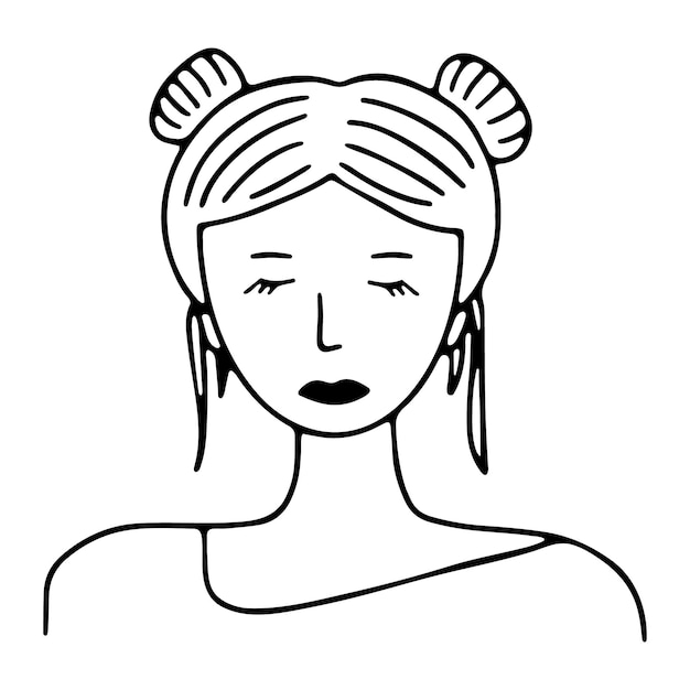 Doodle schattig jong meisje portret. Gezicht, hoofd van de vrouw. Trendy getekend handpictogram