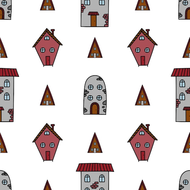 Doodle schattige hand getrokken huizen vector naadloze patroon