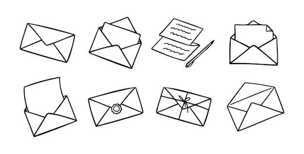 Doodle schattige mail outline brieven en enveloppe set Hand getekend outline mail icoon Mail collectie
