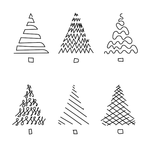 Doodle schets kerstboom set eenvoudige minimale zwarte vorm dennenboom