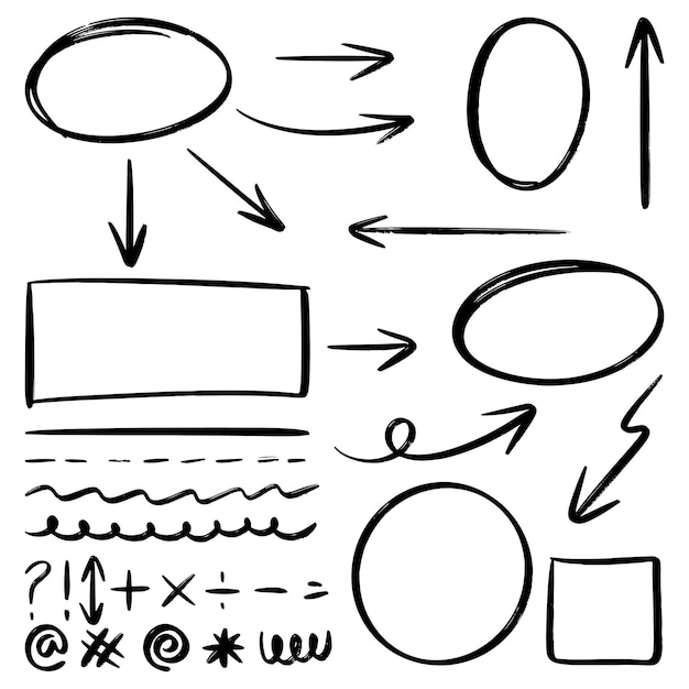 Doodle schets stijl van hand getrokken lijnen pijlen cirkels en curven vector illustratie voor concept design