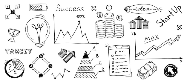 Doodle schets zakelijke pictogram set met groei succes elementen