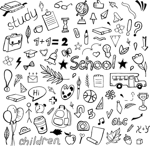 Doodle school. black and white doodle for school. school subjects