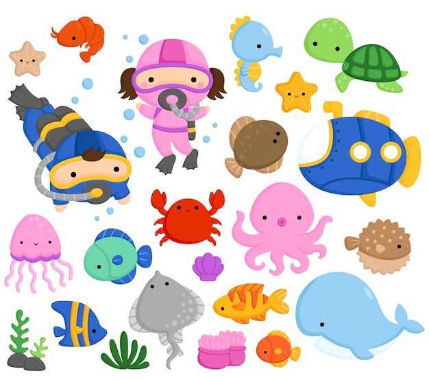 Doodle sea animals vector set