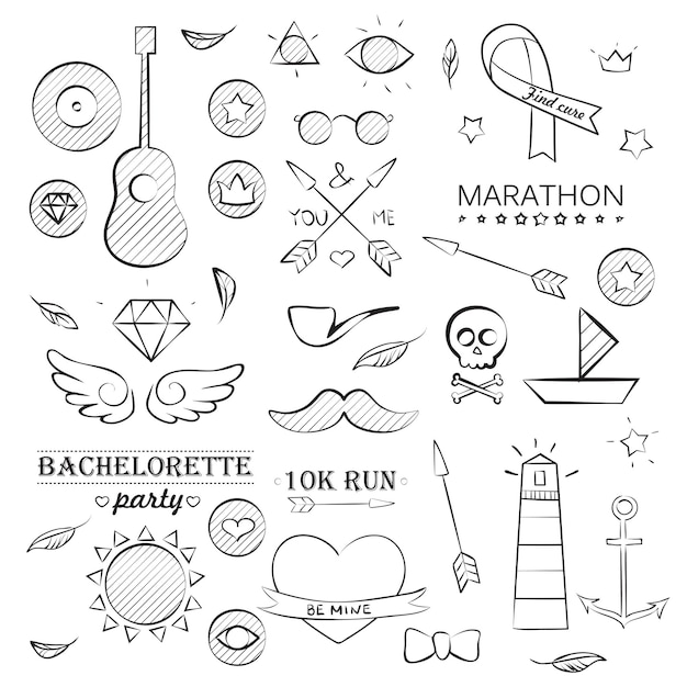 Doodle Sea Hand Drawn Objects Set. Summer Marine Sketch Objects Set