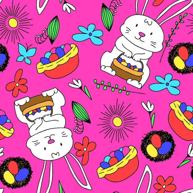 Doodle seamless Easter pattern with color. Vector illustration.