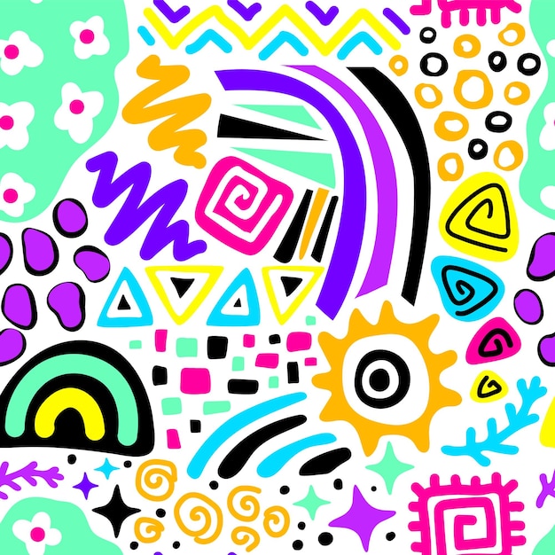 Reticolo senza giunte di doodle. forme geometriche luminose e colorate al neon su sfondo bianco.