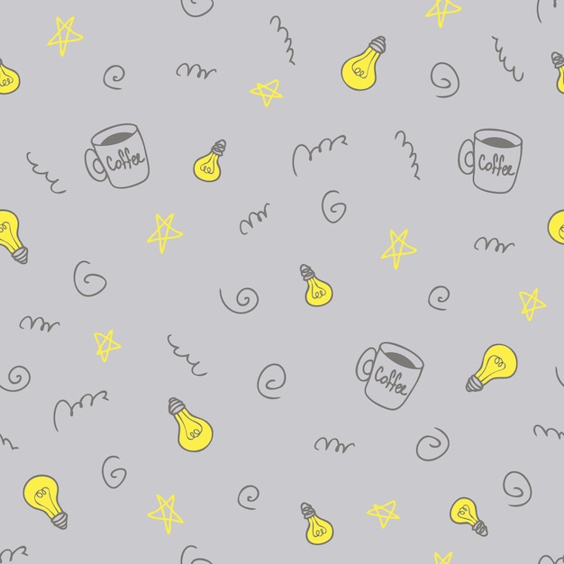 Doodle seamless pattern di lampadine gialle luminose e tazze da caffè idea tema perfetto per scrapbooking tessile e stampe illustrazione vettoriale disegnato a mano per arredamento e design