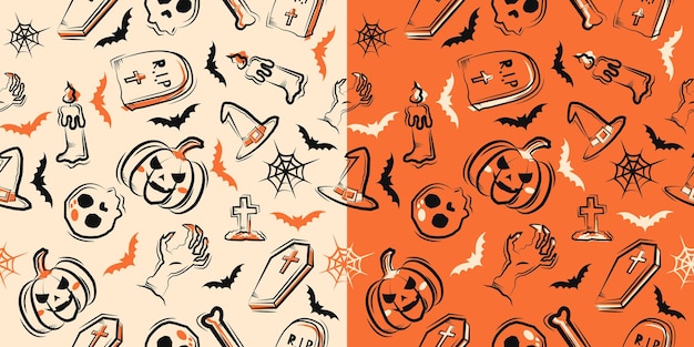 Doodle seamless pattern halloween con teschio, zucca e altri vettori