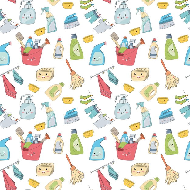 doodle seamless pattern of items for home cleaning Kawaii smiling faces cute items Vector