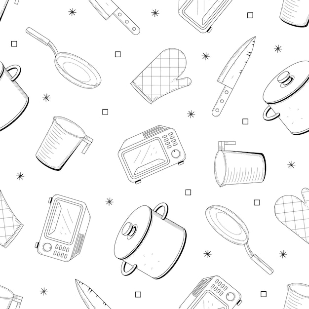 Doodle Seamless Pattern Kitchen Utensils Background Decoration Vector Design For Prints Textiles