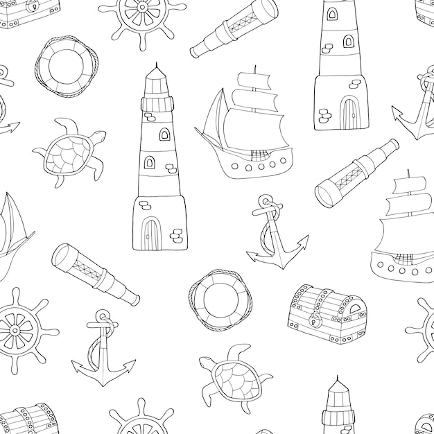 Vector doodle seamless pattern on the marine theme coloring page