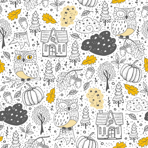Doodle seamless pattern with autumn elements