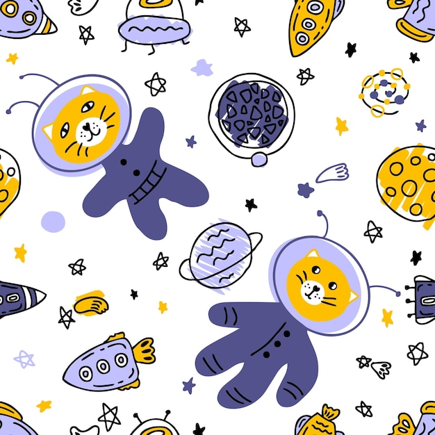Бесшовный рисунок каракулей с кошками-космонавтами в космосе Идеально подходит для текстиля и печати футболок Ручной рисунок векторной иллюстрации для декора и дизайна