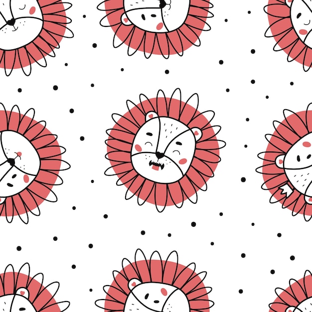 Doodle seamless pattern with cute faces of lions