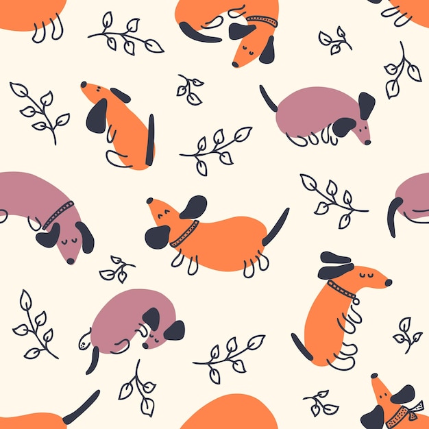 Doodle seamless pattern with dachshunds and leaves for tshirt postcard textile and print