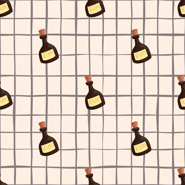 Doodle seamless pattern with decorative rum bottle brown shapes