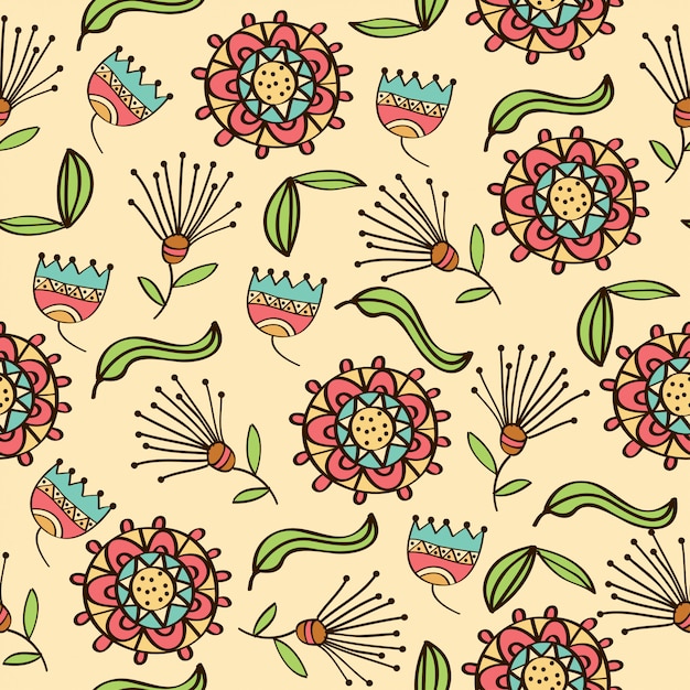 Doodle seamless pattern with flowers and leafs