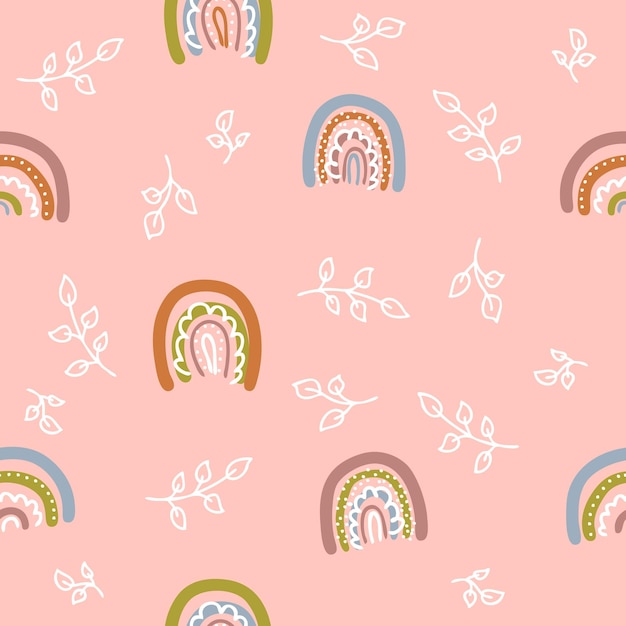 doodle seamless pattern with rainbows and leaves perfect for tshirt postcard textile and print hand drawn vector illustration for decor and design