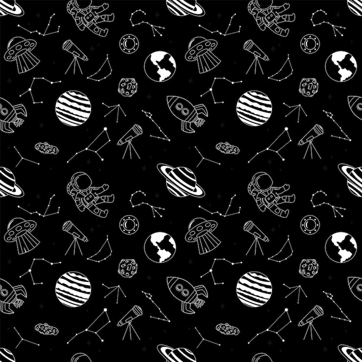 Vector doodle seamless pattern with space elements astronaut planets telescope and rockets