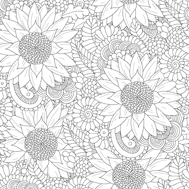 Doodle seamless pattern with sunflowers. Hand drawing floral indian background in vector. Ayurveda collection