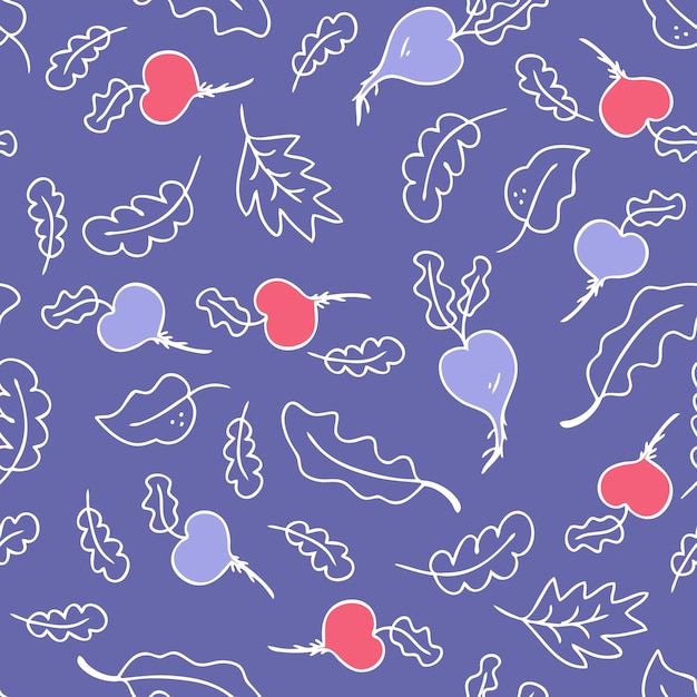 Vector doodle seamless pattern with vegetables radish and leaves for tshirt textile and print