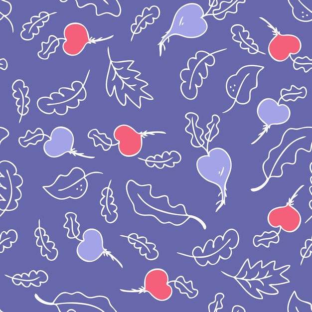 Doodle seamless pattern with vegetables radish and leaves for tshirt textile and print