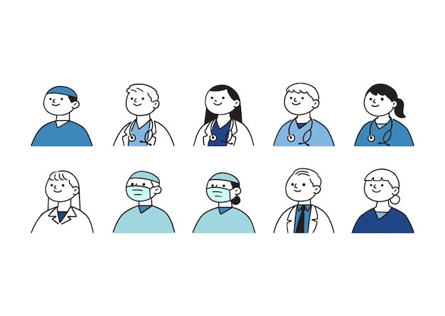 Doodle set of avatar medical team, hospital staff, hand-drawn icon style, character design, vector illustration.