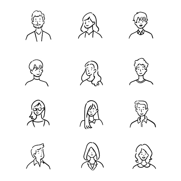 Doodle set of avatar office workers, cheerful people, hand-drawn icon style, character design,  illustration.