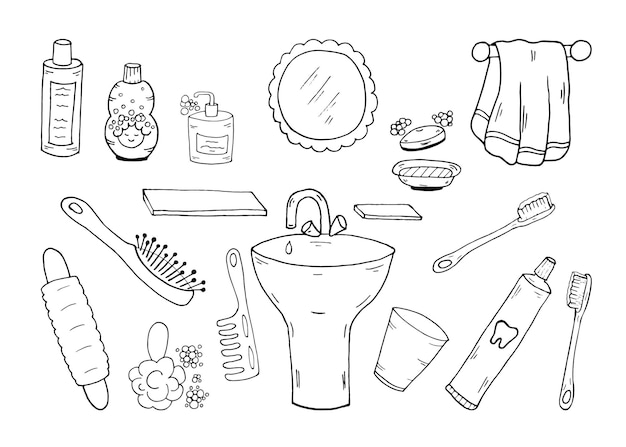 Doodle Set Badkamer items Vector hygiëne baby kinderen kleuren Hand getrokken illustratie lijntekeningen