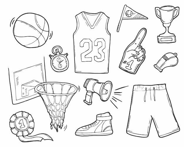 Doodle set basket element disegnato a mano vettore isolato concetto di sport