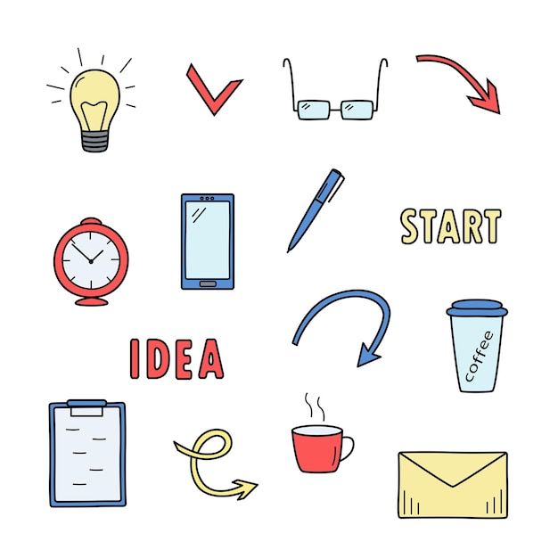 Doodle set business concept vector illustration of icons business idea office work